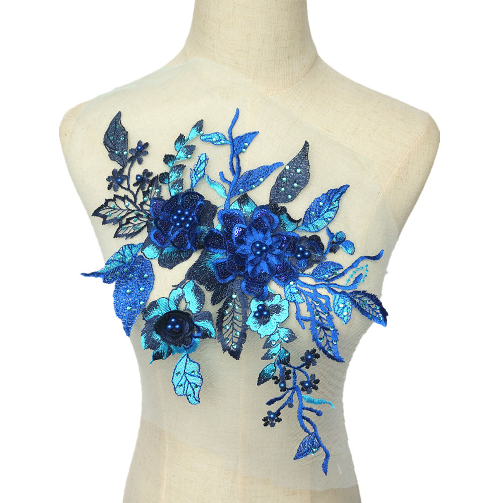 로얄 블루 자수 레이스 장미 꽃 비즈 라인 석 장식 조 - Applique Patch Flower 리뷰 및 가격